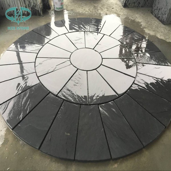 Natural Split Round Shape Pattern Black Slate