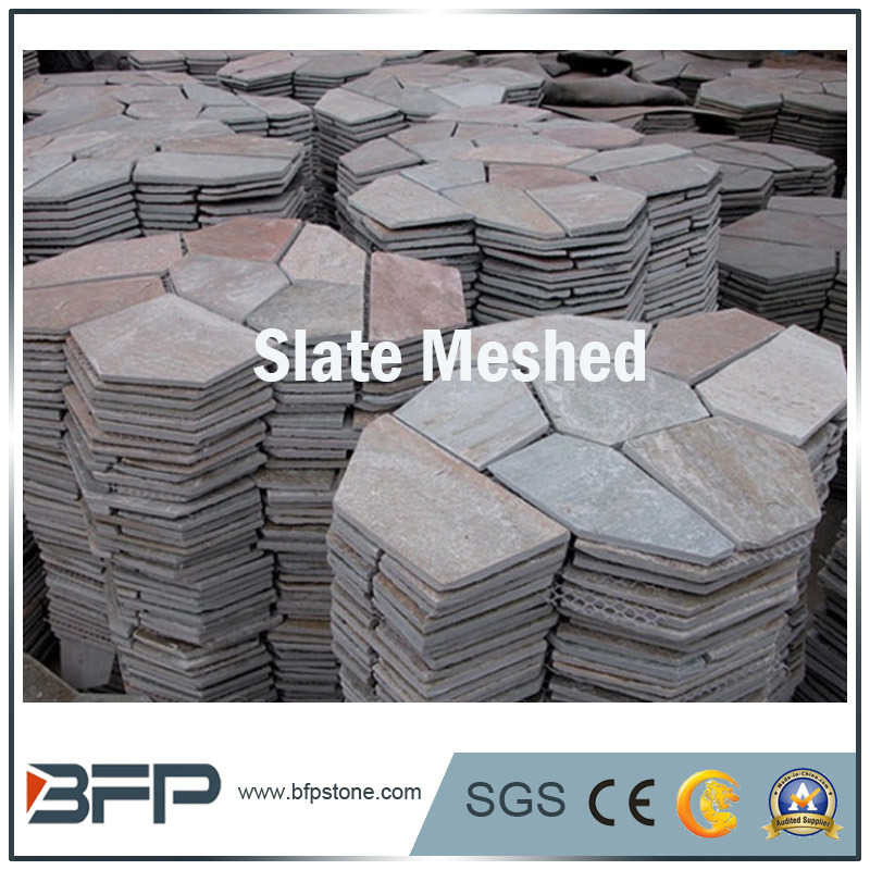 Yellow Wood Slate Meshed Tiles Irregular Flag Paving Stone