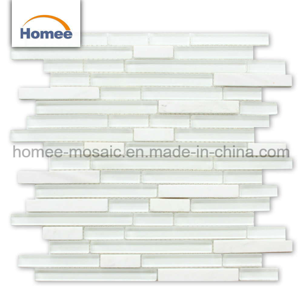8mm Pure White Glossy Strip Glass Mix Stone Mosaic Tile