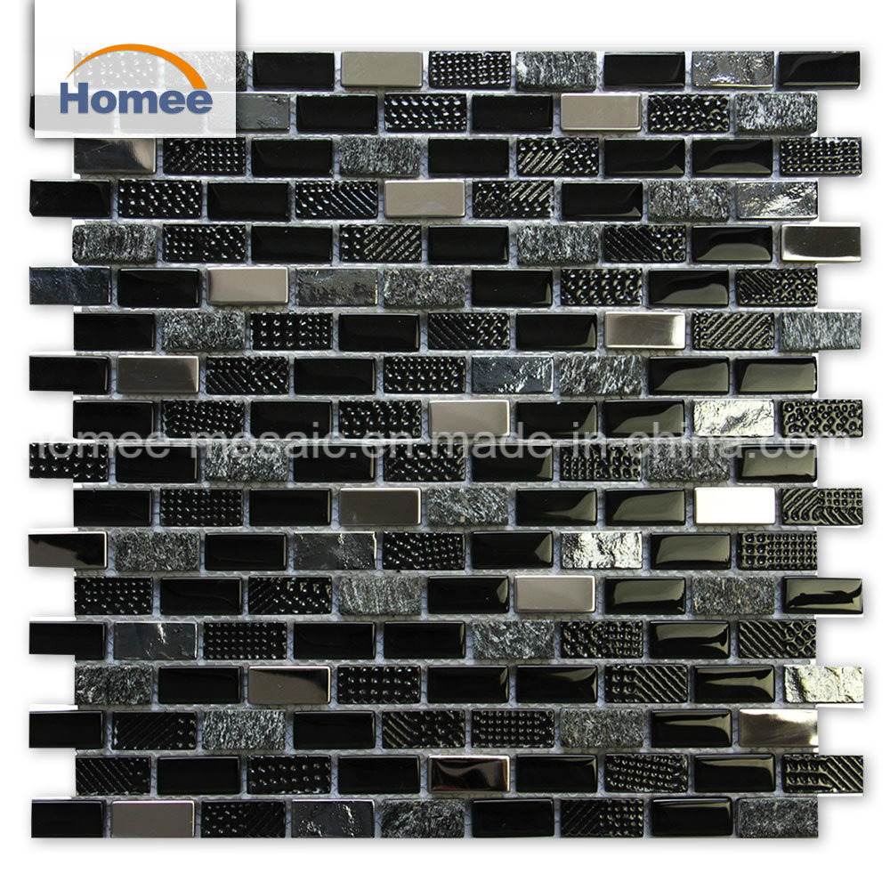 Cheap Kitchen Backsplash Texture Strip Blend Stone Black Glass Mosaic