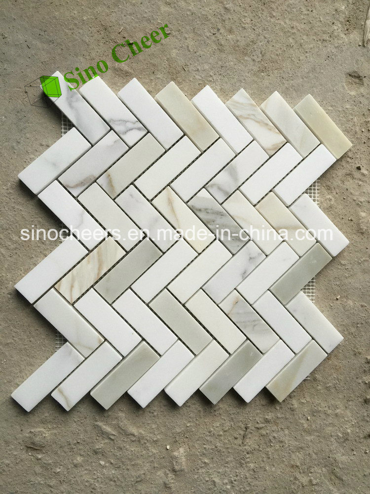 Calacatta Gold White Marble Stone Herringbone Mosaic