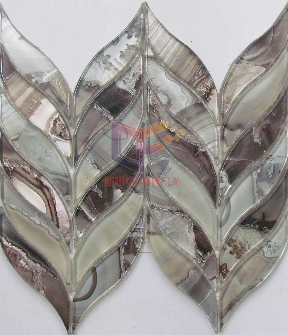 Water Jet Cutting Leave Shape Glass Mosaic Tile (CFW51)