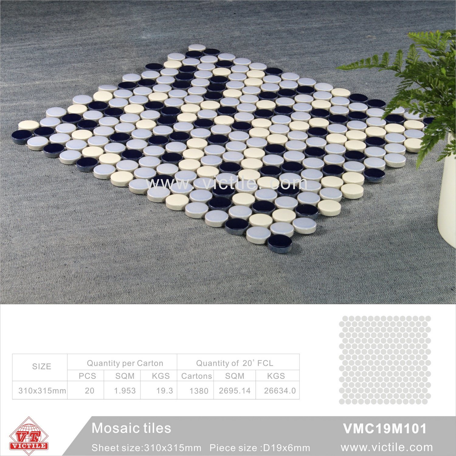 Building Material Ceramic Mosaic Swimming Pool Tile (VMC19M101, 310X315mm+D19X6mm)