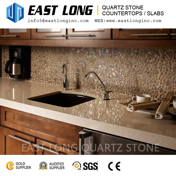 Wholesale Beige Color Artificial Polished Grain Quartz Stone for Bar Tabletops