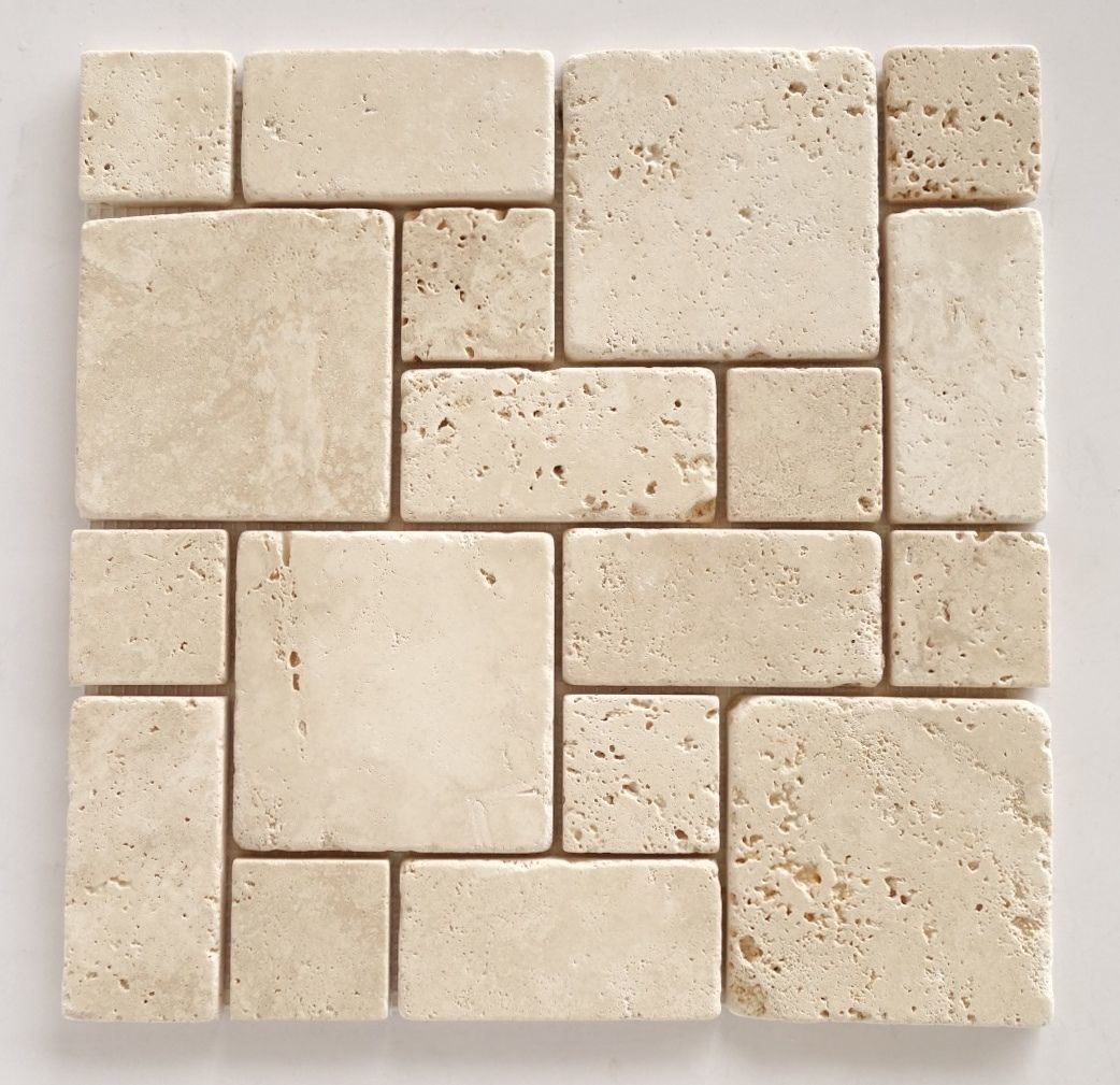 Ivory Travertine 3-Pieced Mini-Pattern Tumbled Mosaic Tile