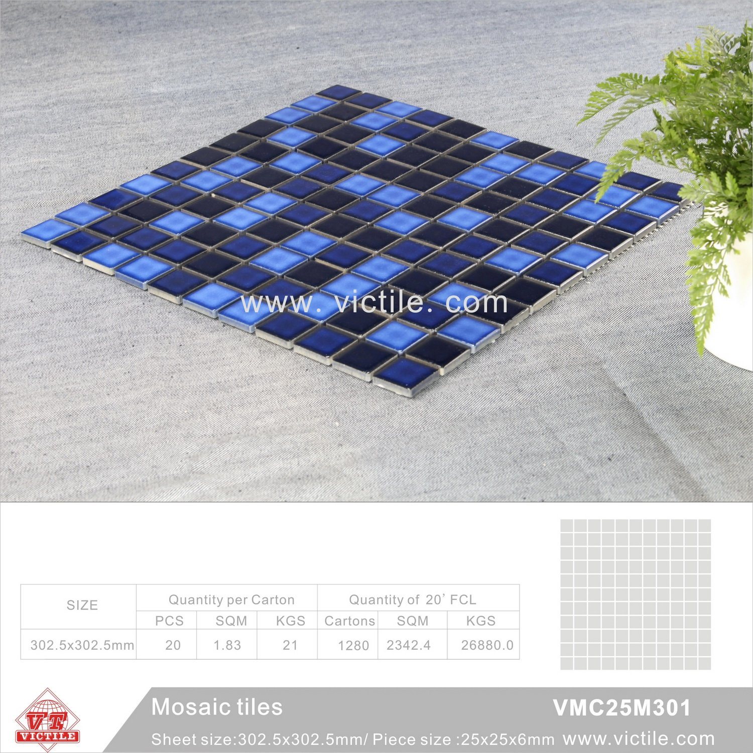 Building Material Ceramic Mosaic Swimming Pool Tile (VMC25M301, 302.5X302.5mm+25X25X6mm)