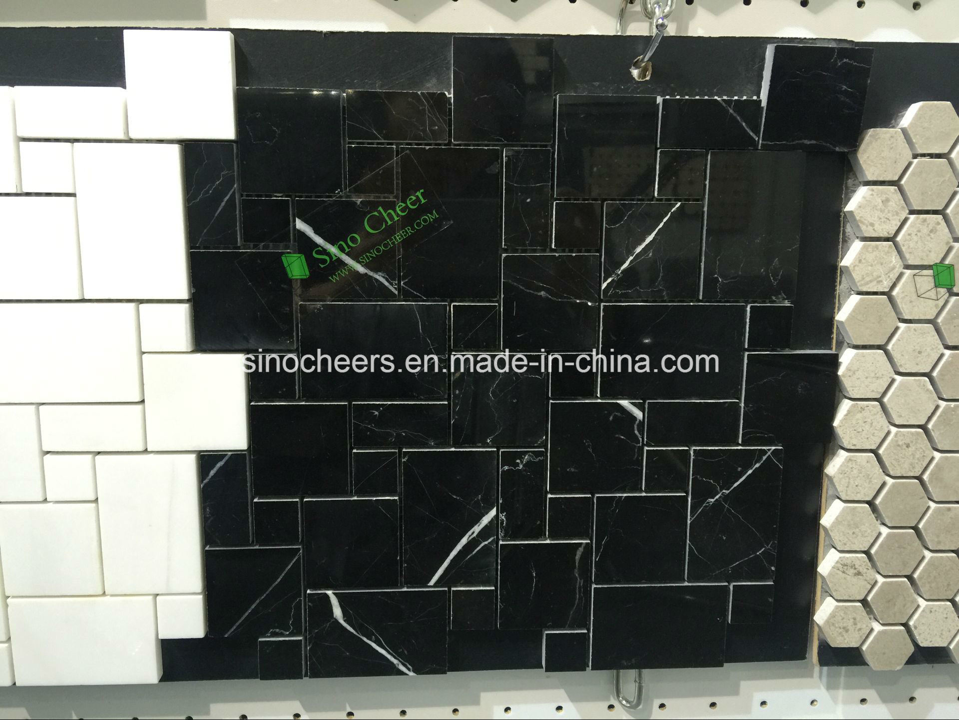 Cheap Bathroom Floor Tile Price, White and Black Marble Mosaic