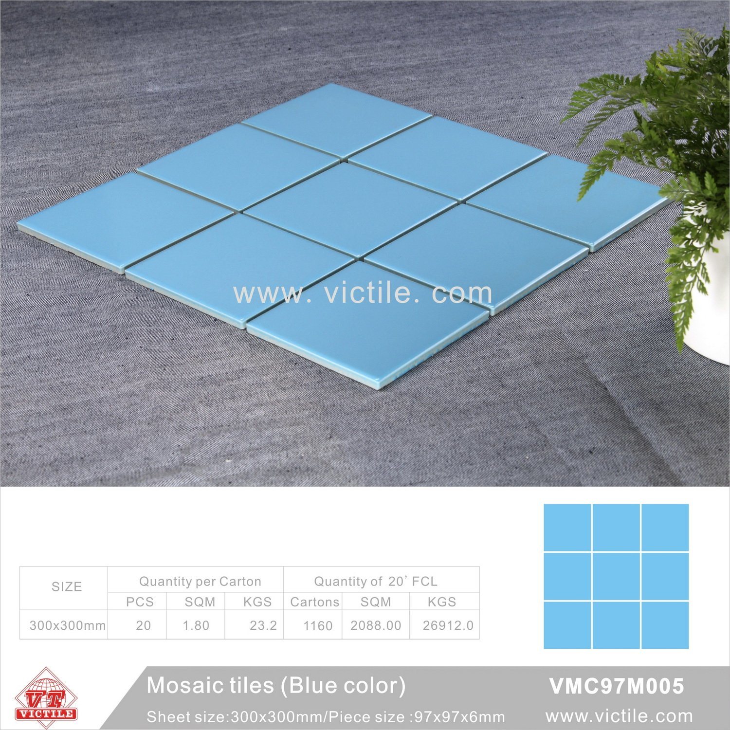 Building Material Ceramic Mosaic Swimming Pool Tile (VMC97M005, 300X300mm+97X97X6mm)