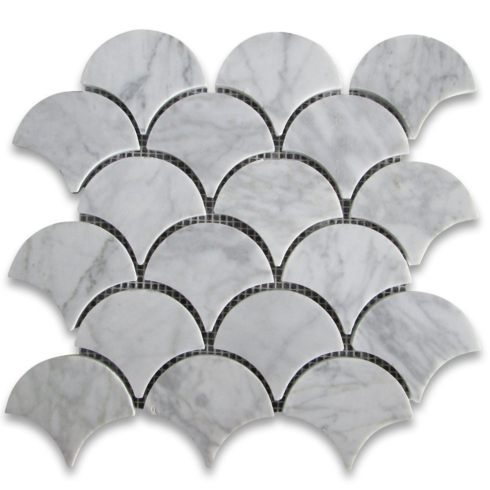 Carrara White Carrera Marble Grand Fish Scale Fan Shaped Mosaic Tile Honed