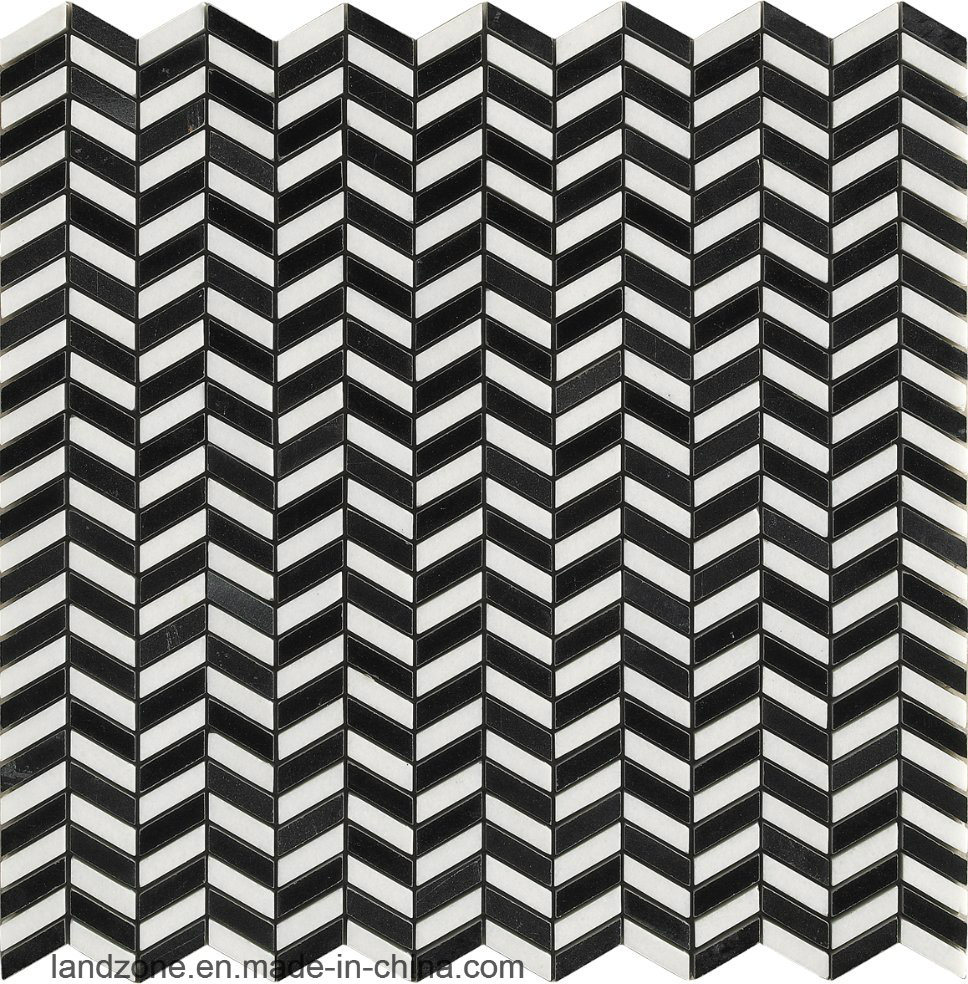 Chevron Pattern Black Mix White Marble Mosaic Tile