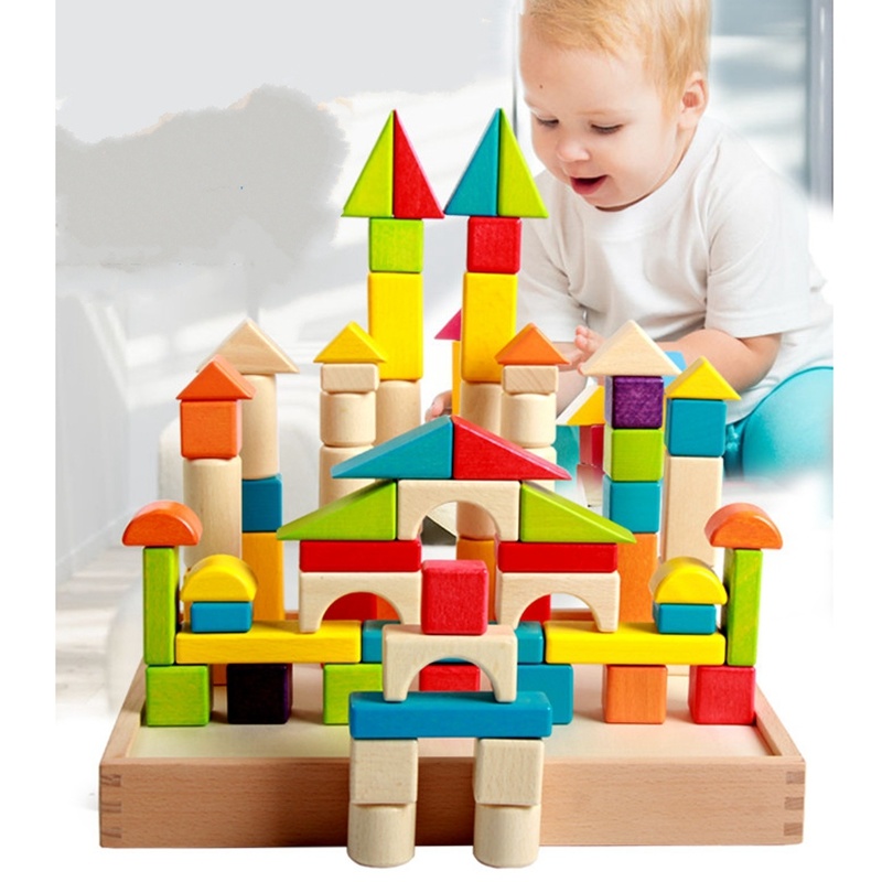 Classic Wooden Children Educational Toy Shapes Colors Building Blocks