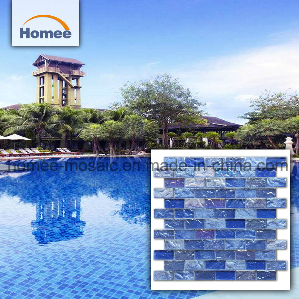 Cheap Ocean Blue Swimming Pool Tiles Iridescent Crackle Wave Glass Mosaic Tile