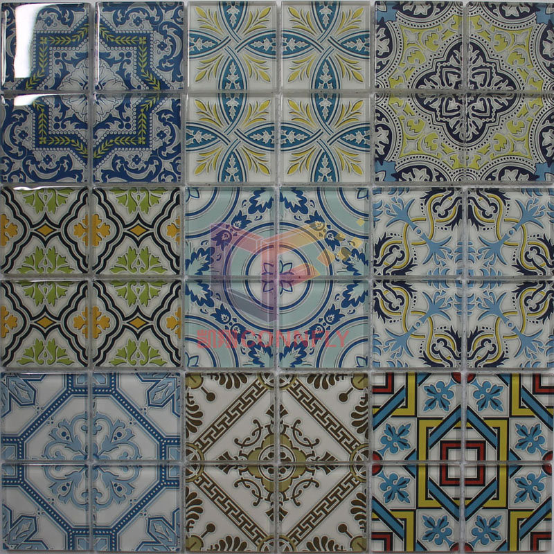 Latest New Ink-Jet Pattern Design Glass Mosaic Tile (CFC655)