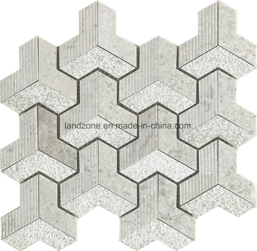 3D Chevron Pattern Gray White Marble Mosaic Tile for Interior Design