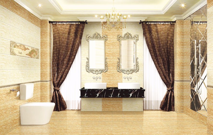 Glossy Glazed Surface Yellow Marble Ceramic Tile for Bathroom Wall