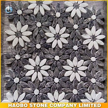 Nero Margiua and Carrara White Marble Flower Mosaic